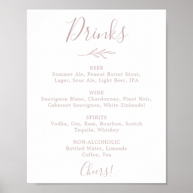Minimal Löv |  Rosa Bröllop Drinks Menu Sign Poster (Framsidan)