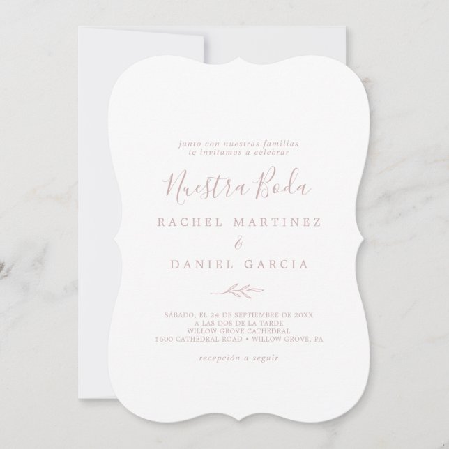 Minimal Löv |  Rosa Spanska Nuestra Boda Inbjudningar (Framsida)