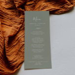 Minimal Löv | Sage Grönt Bröllop Middag Menu Meny<br><div class="desc">Detta minimala menykort för grönt bröllop är perfekt för en boho bröllop. Utformningen har en enkel grey löv silhuett i en dammig grönt färg med minimalistisk bergsboho stil. Den här menyn kan användas för bröllopsmottagning,  repetitionsmiddag eller vad som helst.</div>