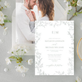 Minimal Löv Sage Grönt Photo Monogram Bröllop Inbjudningar