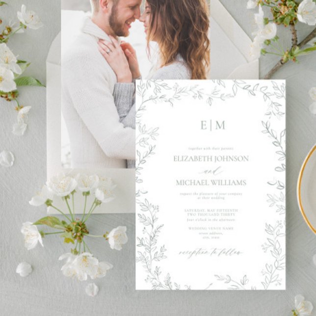 Minimal Löv Sage Grönt Photo Monogram Bröllop Inbjudningar (Skapare uppladdad)