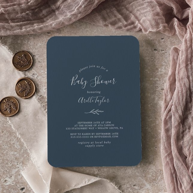Minimal Löv | Slate Blue Baby Shower-inbjudan Inbjudningar (Skapare uppladdad)