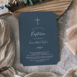 Minimal Löv | Slate Blue Baptism-inbjudan Inbjudningar