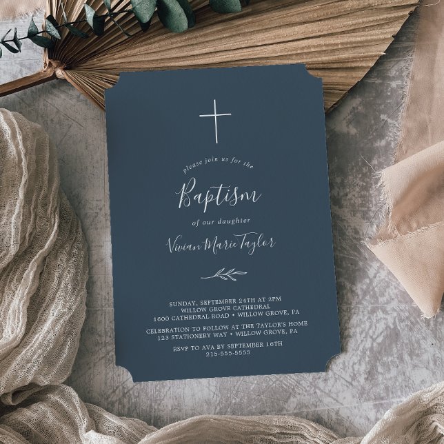 Minimal Löv | Slate Blue Baptism-inbjudan Inbjudningar (Skapare uppladdad)