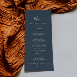 Minimal Löv Slate Blue Bröllop Middag Menu Meny