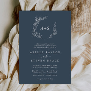 Minimal Löv Slate Blue Forme Monogram Bröllop Inbjudningar