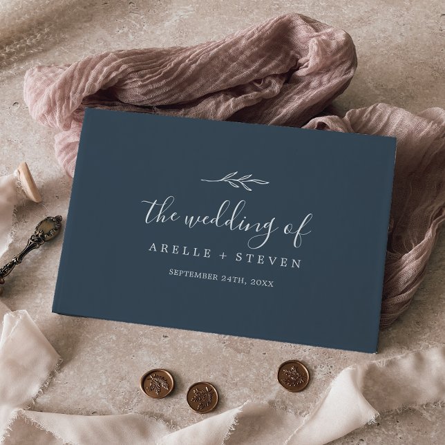 Minimal Löv | Slate Blue Monogram Tillbaka Bröllop Gästböcker (Skapare uppladdad)