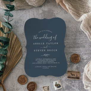 Minimal Löv Slate Blue Monogram Tillbaka Bröllop Inbjudningar