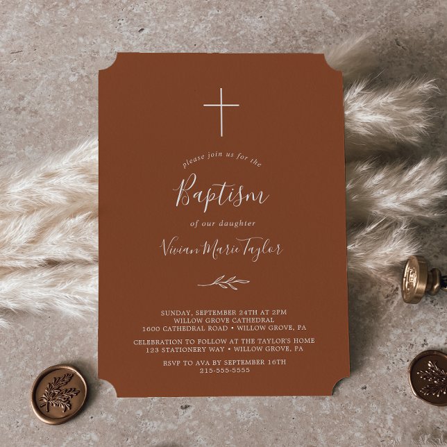 Minimal Löv | Terracotta Baptism-inbjudan Inbjudningar (Skapare uppladdad)