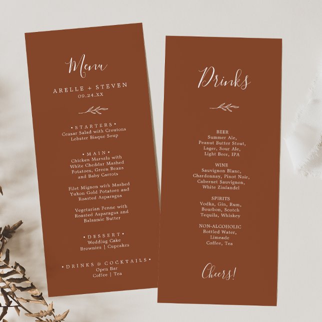 Minimal Löv | Terracotta Middag och Drinks Menu Meny (Skapare uppladdad)