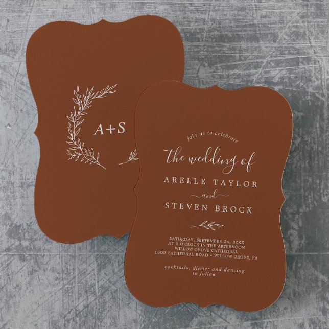 Minimal Löv | Terracotta Monogram tillbaka Bröllop Inbjudningar (Skapare uppladdad)