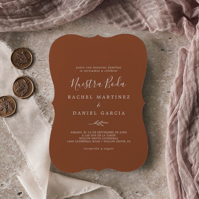 Minimal Löv | Terracotta Spain Nuestra Boda Inbjudningar (Skapare uppladdad)