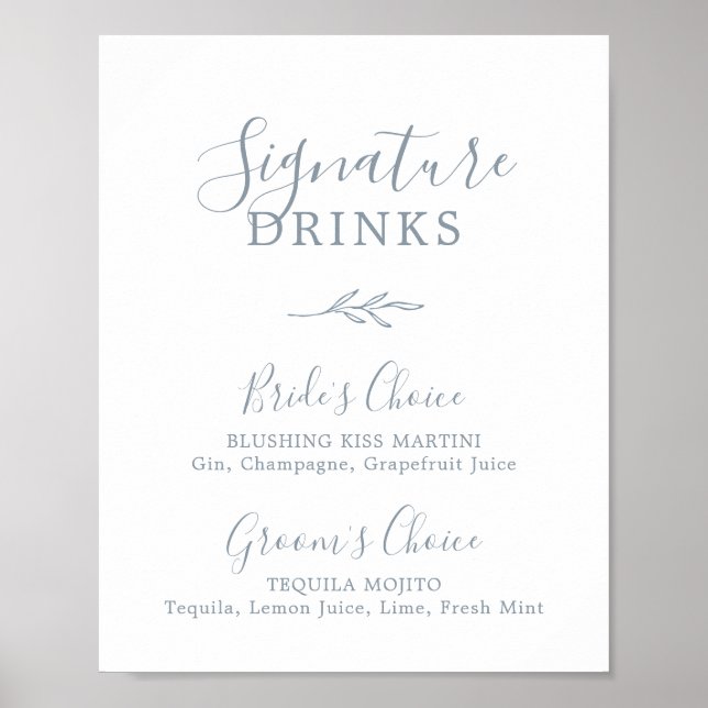 Minimal Löv | Tusty Blue Namnteckning Drinks Sign Poster (Framsidan)