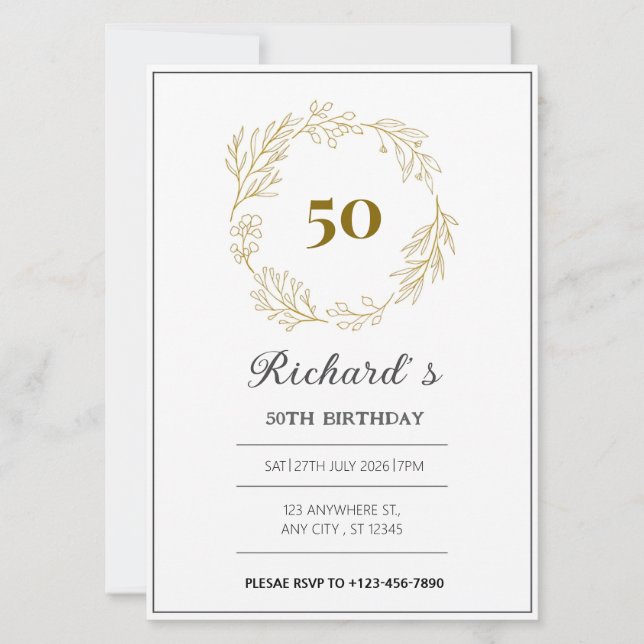 minimal luxuär guldkrans 50-årsdag inbjudningar (Framsida)