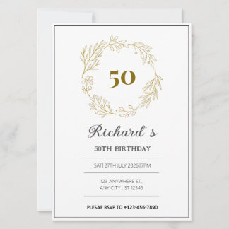 minimal luxuär guldkrans 50-årsdag inbjudningar