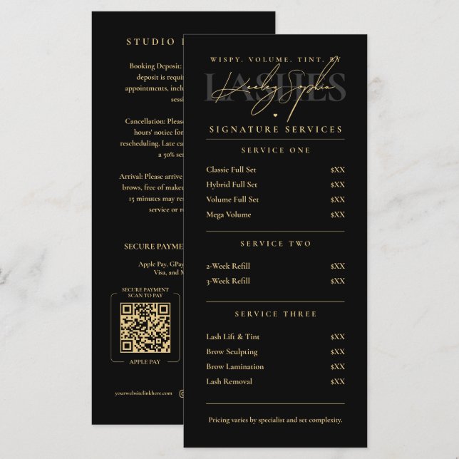Minimal Lyx Ögonfransartist Studio Prislista Meny (Fram/baksida)