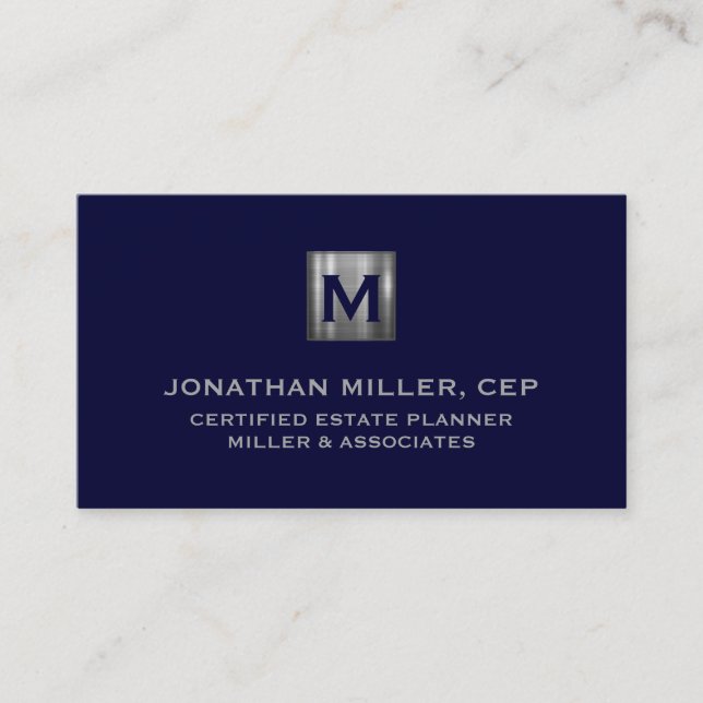 Minimal lyxflotta Blue Silver Monogram Visitkort (Framsida)