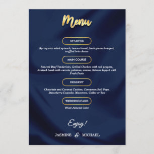 Minimal lyxmarint blått och Guld skript Bröllop Meny