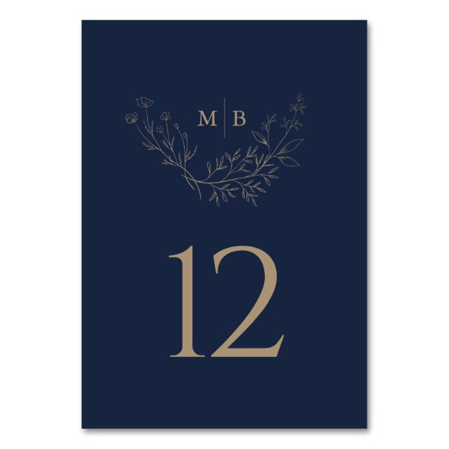 Minimal marin Guld Formell Monogram Bröllop Bordsnummer (Framsidan)