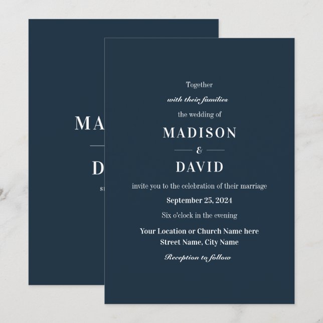 Minimal marin modern klassisk Bröllop Inbjudningar (Fram/baksida)