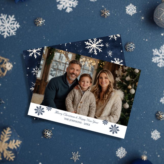 Minimal marin snöflingor, dekorerat julfoto julkort (Minimal Navy Snowflake Accent Christmas Photo Holiday Card)