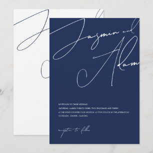 Minimal marinblå script typografi bröllop inbjudningar