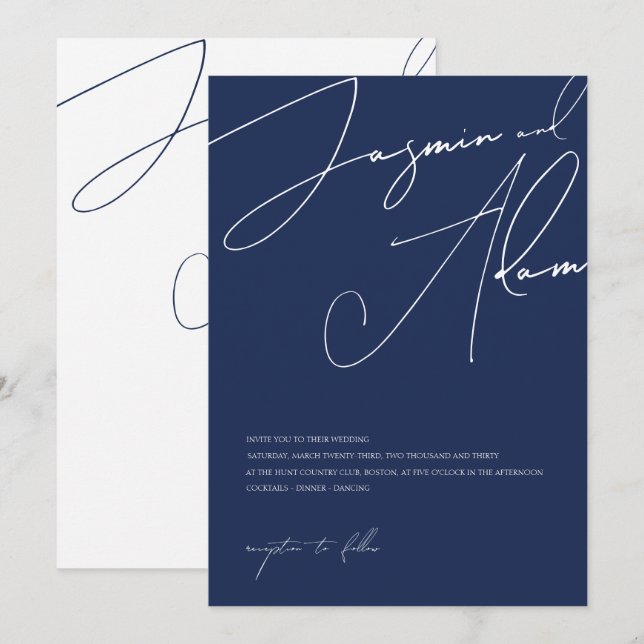 Minimal marinblå script typografi bröllop inbjudningar (Fram/baksida)