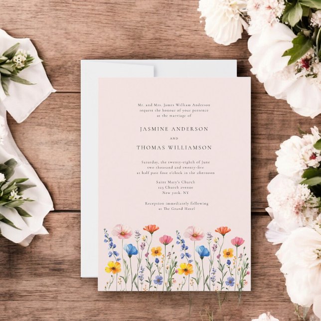 minimal marmelad, modern elegans i bröllop inbjudningar (wildflower pastel pink wedding invitation )