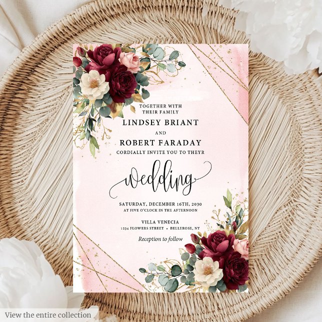 Minimal Merlot Guld  blommor Modern Bröllop Inbjudningar (Minimal Merlot Gold Blush Flowers Modern Wedding Invitation)