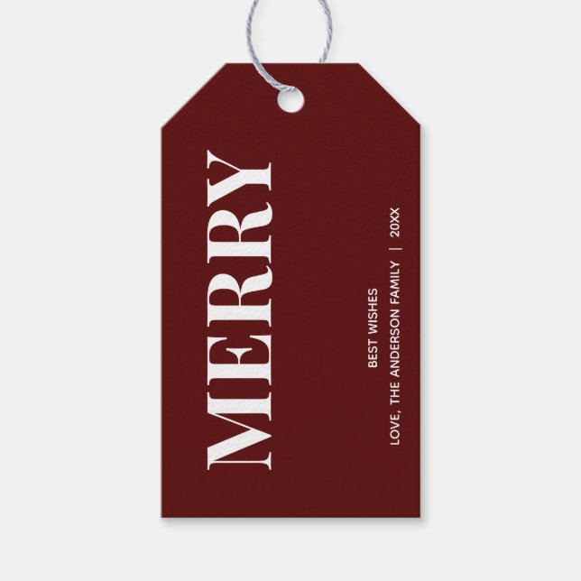 Minimal MERRY | Djupröd högtid Presentetikett (Framsidan)