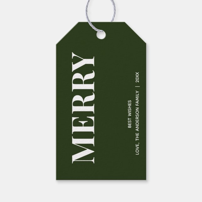 Minimal MERRY | Forest Green Holiday Presentetikett (Framsidan)