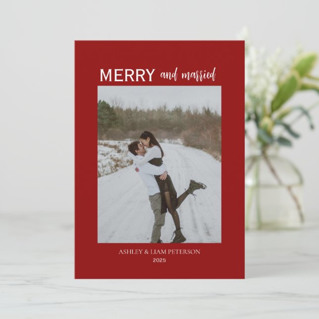 Minimal Merry & Married Newlyweds Photo Jul Julkort (Stående Fram)