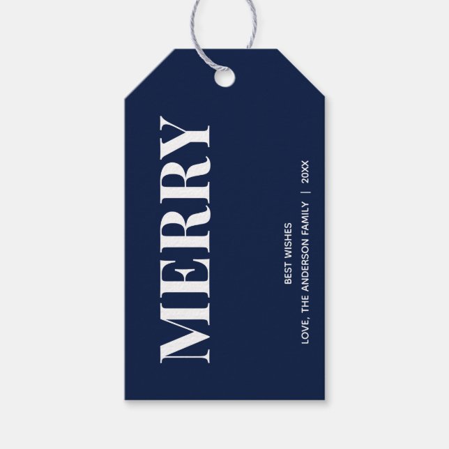 Minimal MERRY | Navy Blue Holiday Presentetikett (Framsidan)