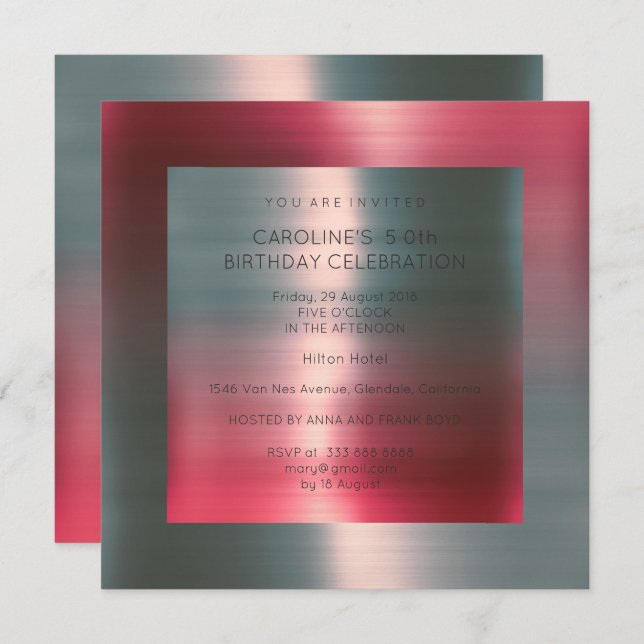 Minimal Metallisk Rosa Red Silver Födelsedagsfest Inbjudningar (Fram/baksida)