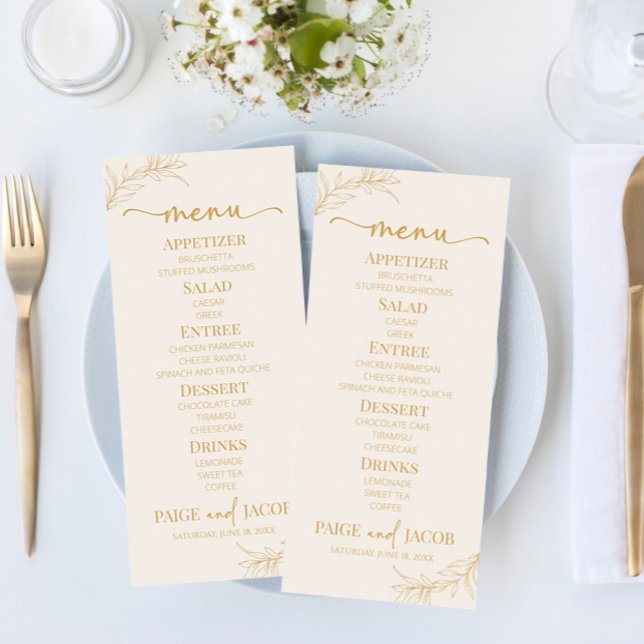 Minimal minimalistisk Beige Guld Gren Löv Bröllop Meny (Skapare uppladdad)