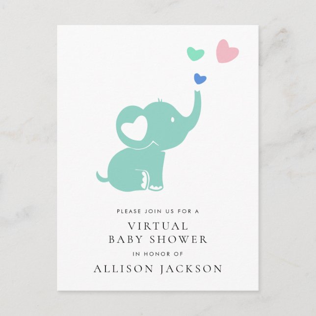 Minimal Mint Grönt Elephant Virtuell Baby Shower Inbjudan Vykort (Framsida)