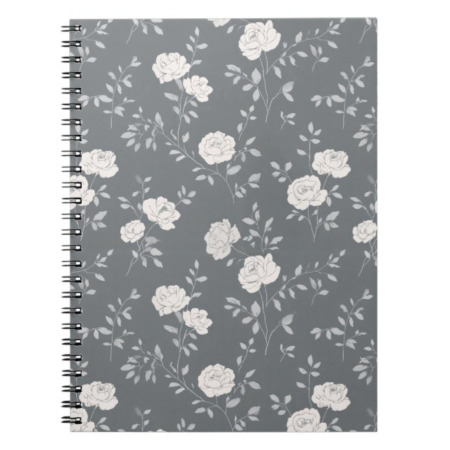 Minimal mjuk grå ros vit blommönster anteckningsbok (Framsidan)