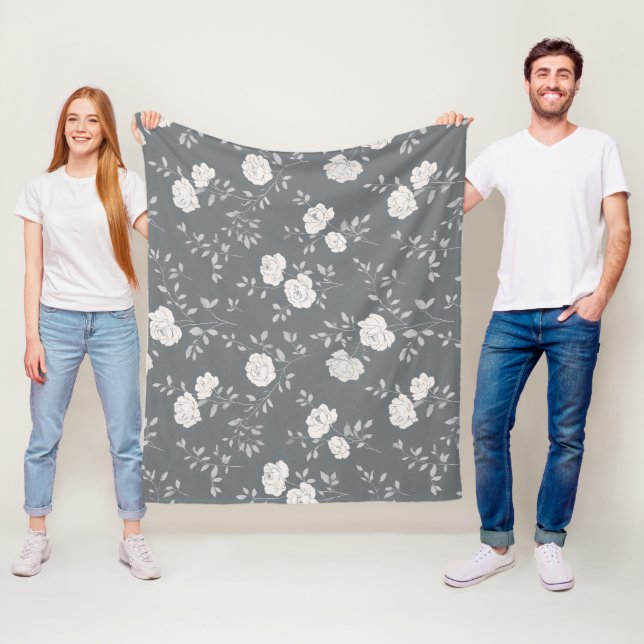 Minimal mjuk grå ros vit blommönster fleecefilt (På plats)