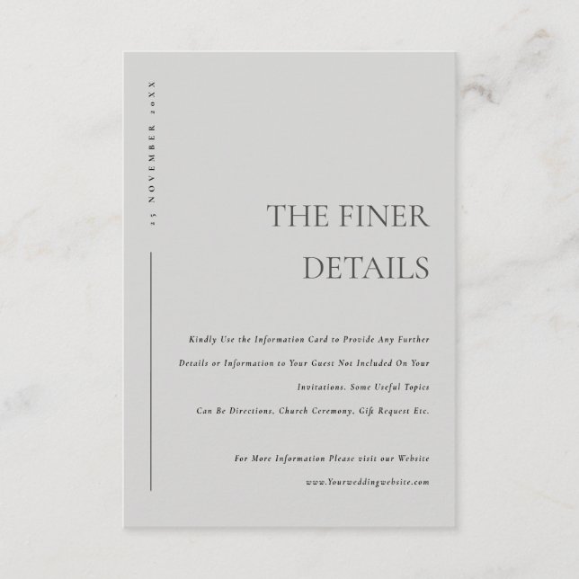 Minimal mjuk ljusgrå typografi vigsel detalj tilläggskort (Framsida)