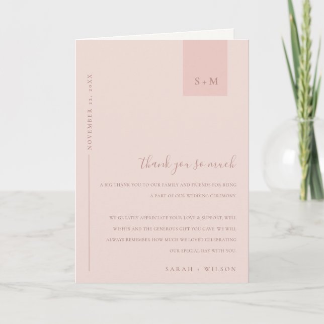 Minimal mjuk pastell rosaktig dammig rosa bröllop tack kort (Framsida)