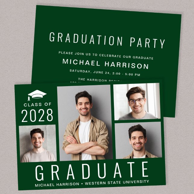 Minimal Modern 4 Photo Grönt Studentfest Inbjudningar (A modern photo collage graduation party invitation to celebrate the graduate's achievements)