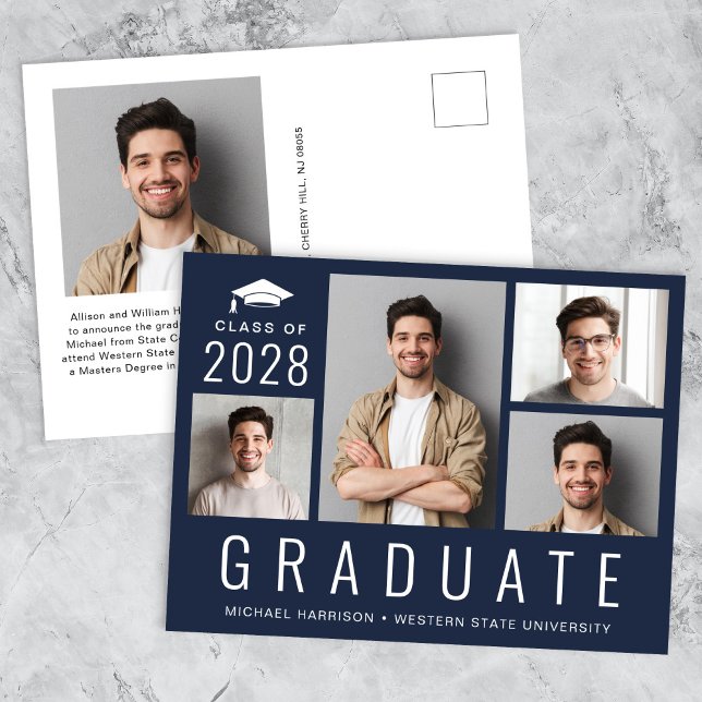 Minimal Modern 5-fotokollage Blue Studenten Meddelande Vykort (Minimal Modern 5 Photo Collage Blue Graduation Announcement Postcard)