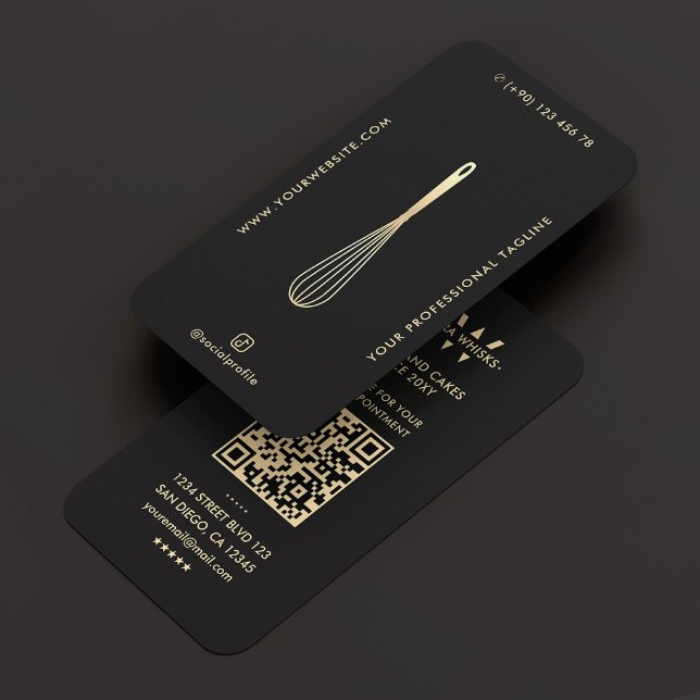 Minimal Modern Baker Caterer Black Faux Guld Whisk Visitkort (Minimal Modern Baker Caterer Black Gold Whisk Business Card
)