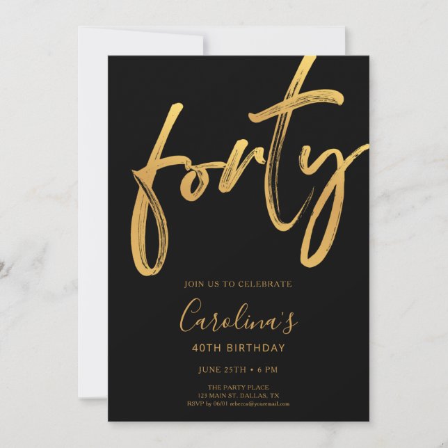 Minimal Modern Black & Gold 40th Birthday Inbjudningar (Framsida)