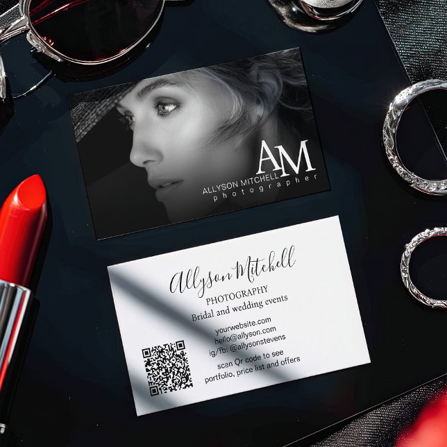 Minimal Modern Black White Photo QR Photography Visitkort (Minimal Modern Black White Photo QR Photography Business Card)