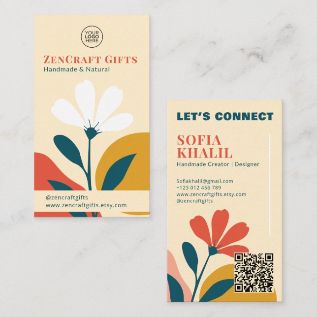 Minimal modern Blommigt Terracotta Mustard Grönt Visitkort (Fram/baksida)