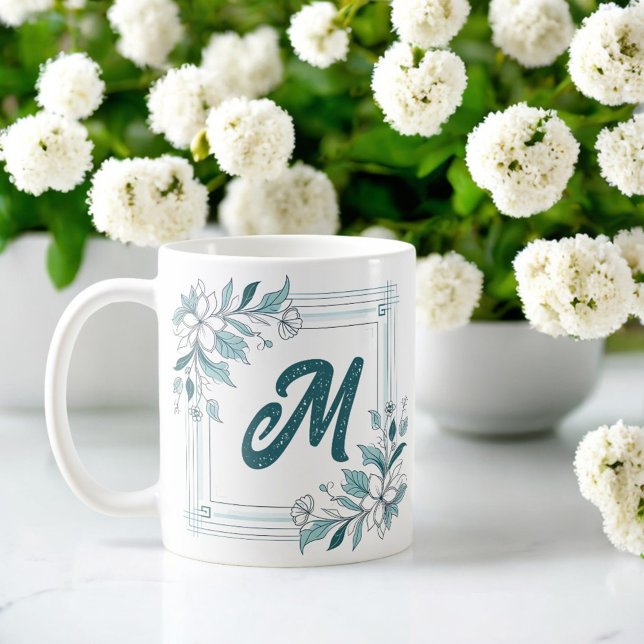 Minimal Modern Blommigt White och Grönt Monogram Kaffemugg (Skapare uppladdad)