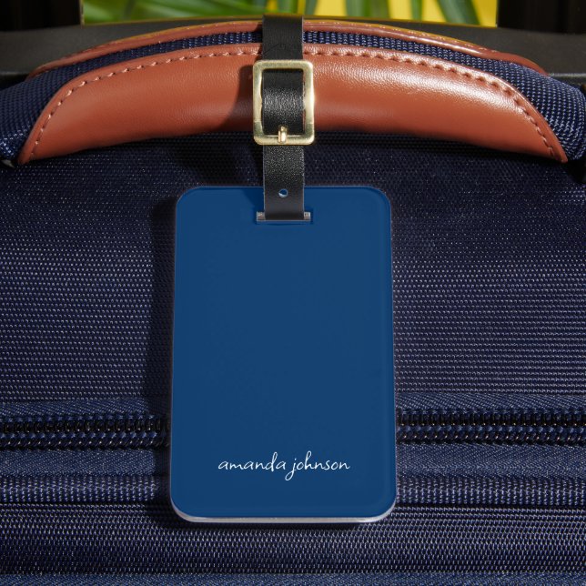 Minimal Modern Blue och White Monogram Fullt Namn Bagagebricka (Framsida Insitu 2)