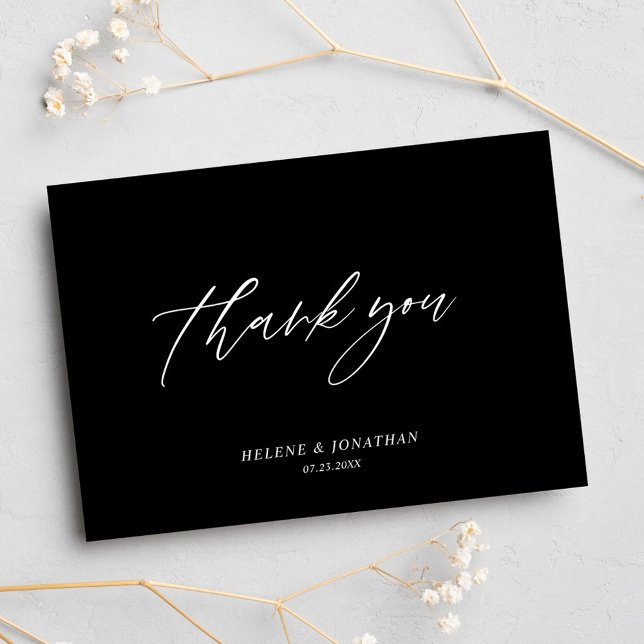 Minimal modern Bröllop i svart Elegant Tack Kort (Black Elegant Minimal Modern Wedding Thank You Card)