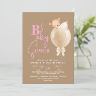 Minimal Modern Brun Rosa Björn Ballong Baby Shower Inbjudningar